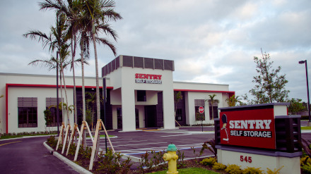 Entrance to Sentry Self Storage in Deerfield Beach, FL.